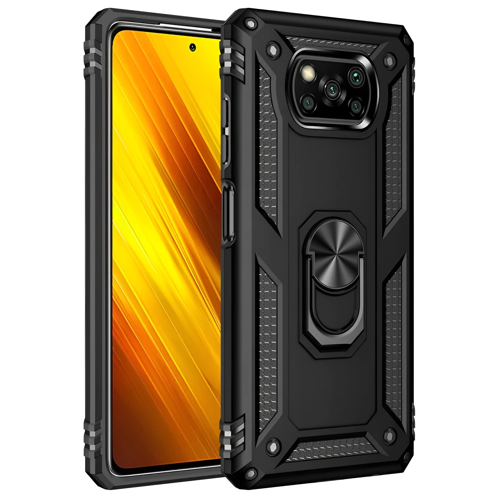 Black Xiaomi Pocophone Poco X3 NFC shockproof protective hard case with TPU+PC+zinc alloy construction.