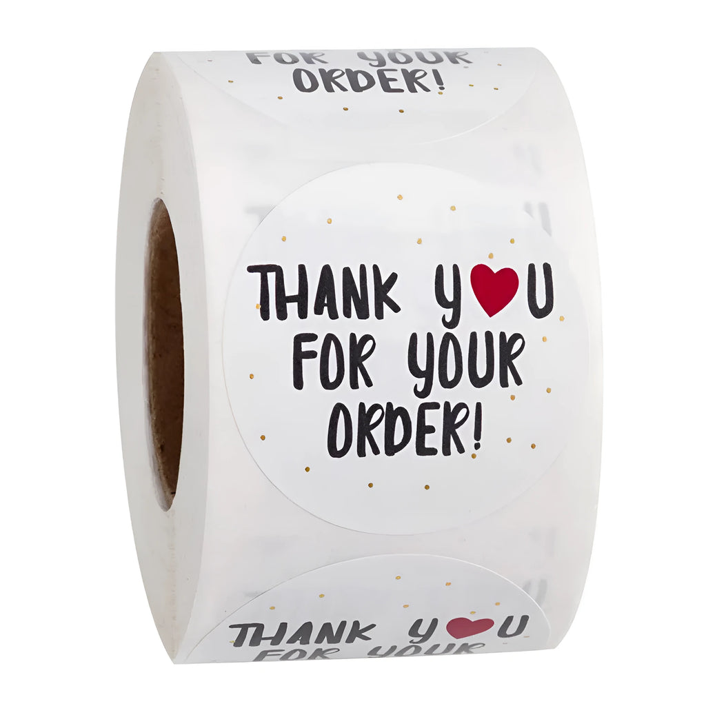 Round white thank you for ordering sticker, 2.5cm, copper plate paper, 500 pieces per roll