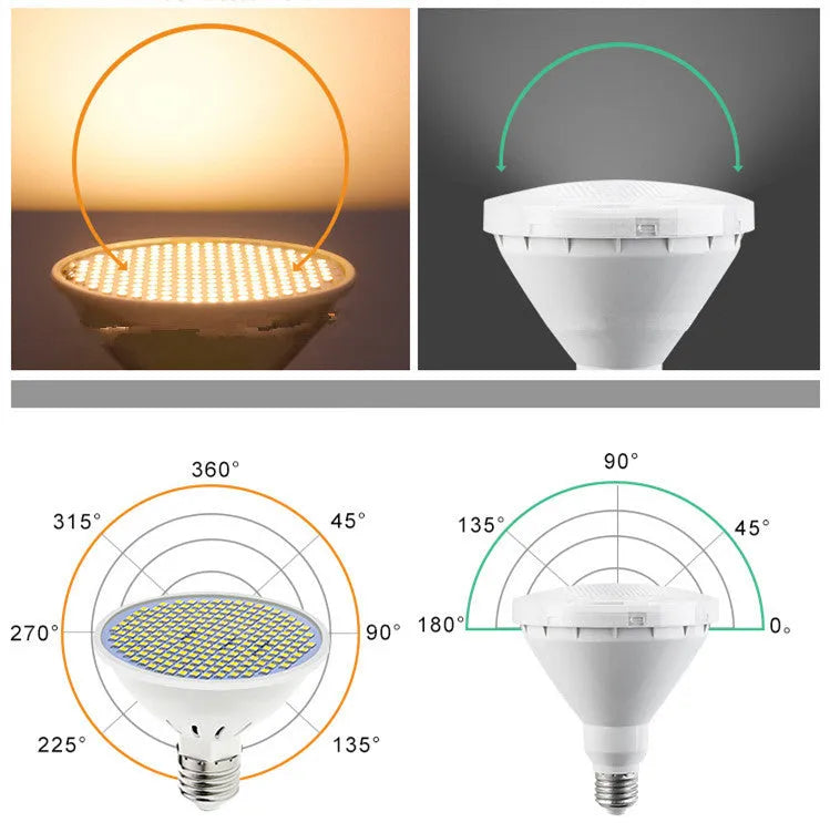 E27 screw base LED light bulb showing cool white and warm white colour options.