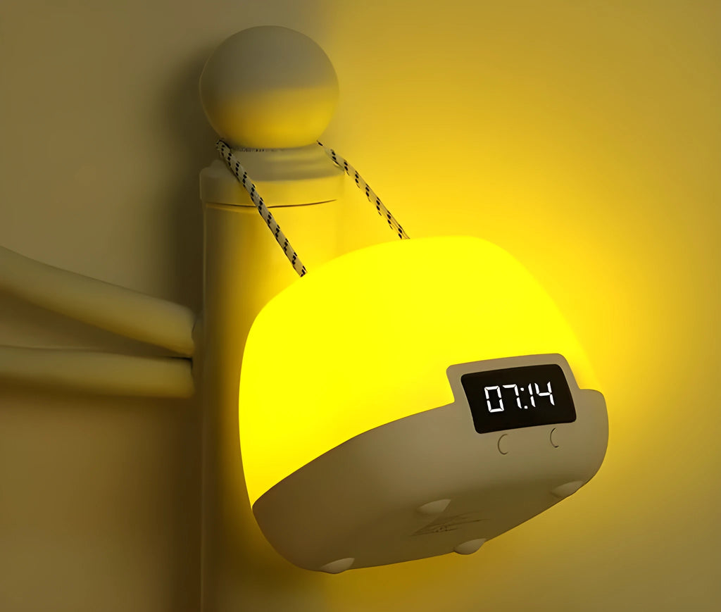 White rechargeable baby night light with remote control and projection function on a bedside table