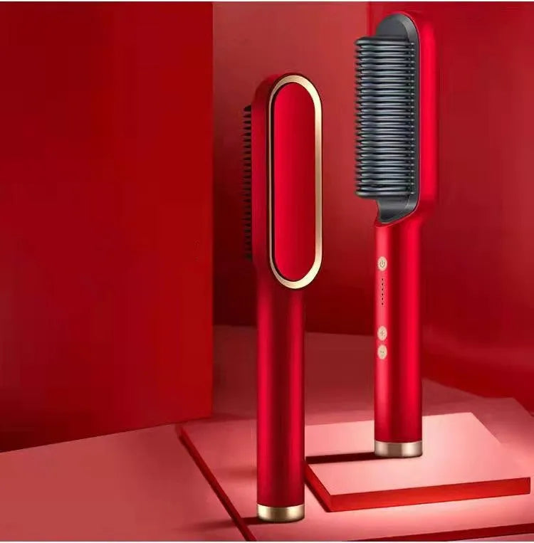 Red dual-purpose hair straightener and curling tong with tourmaline ceramic plates