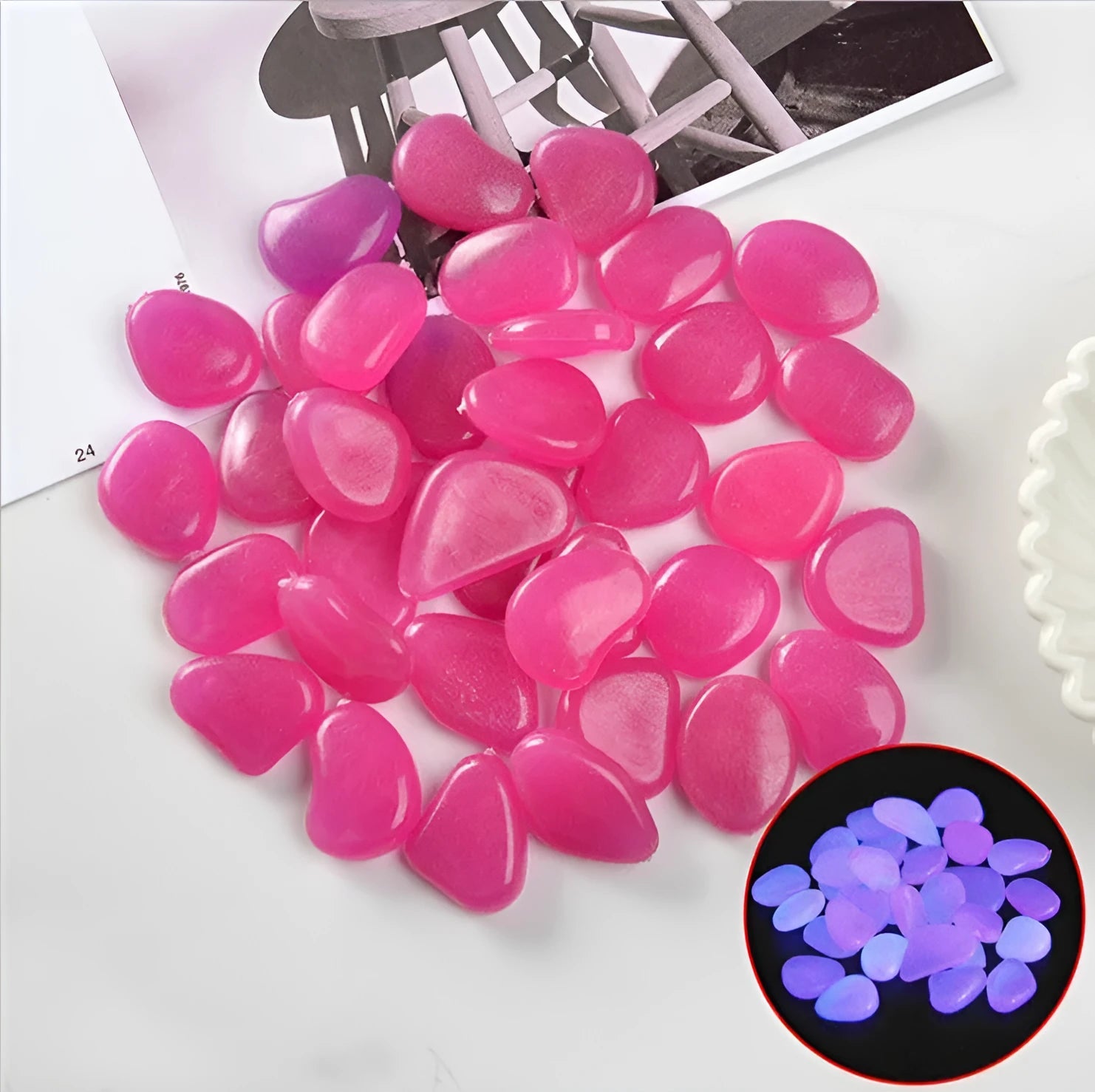 Luminous fluorescent aquarium and garden pebbles in mixed colours including dark purple, yellow, light blue, pink, orange