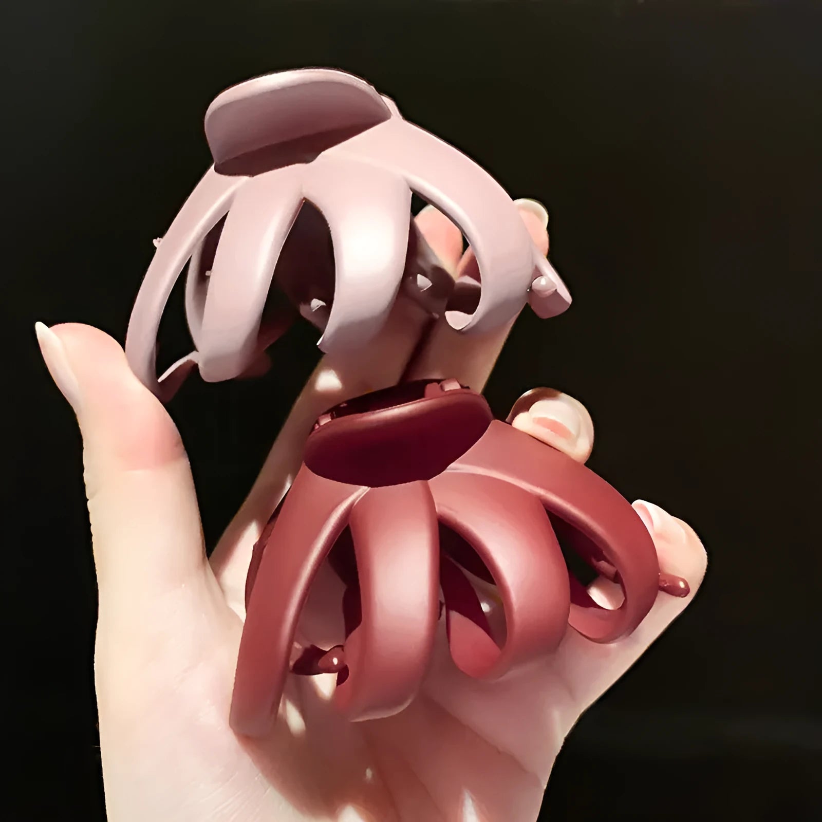 Children's plastic hair clip in small size available in green, dark blue, wine red, black, dark pink, and blue gray.