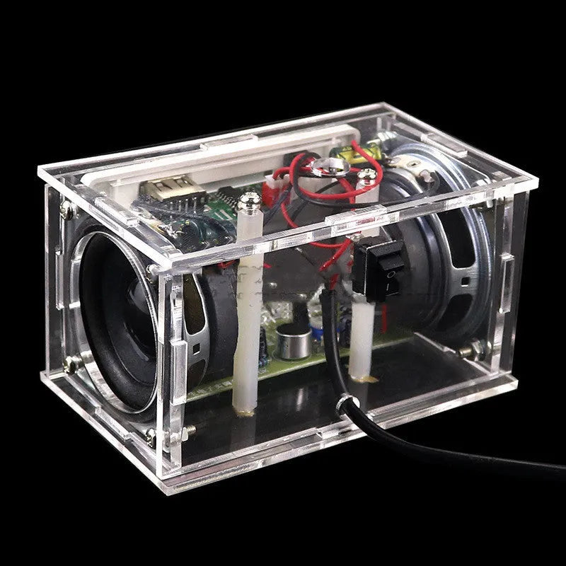 DIY Bluetooth speaker assembly kit with electronic components and transparent acrylic housing