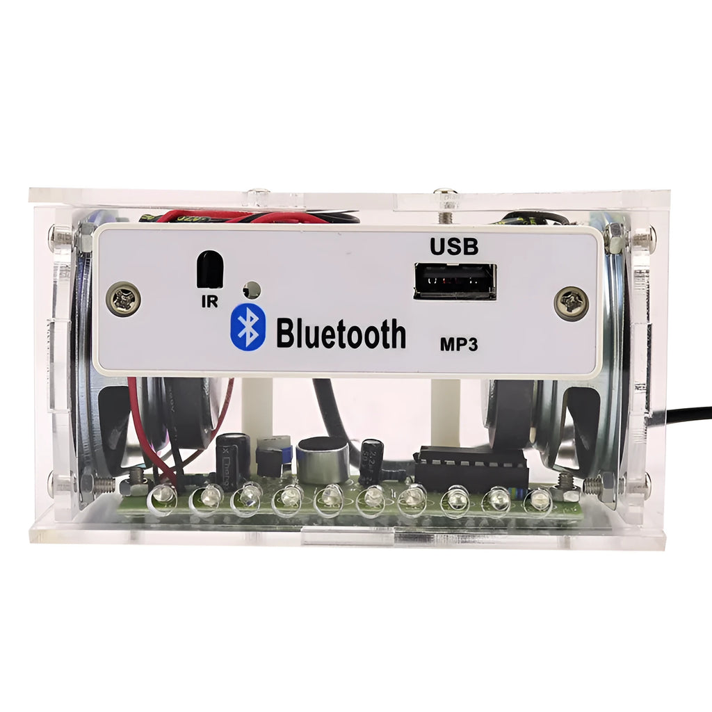 DIY Bluetooth speaker assembly kit with electronic components and transparent acrylic housing