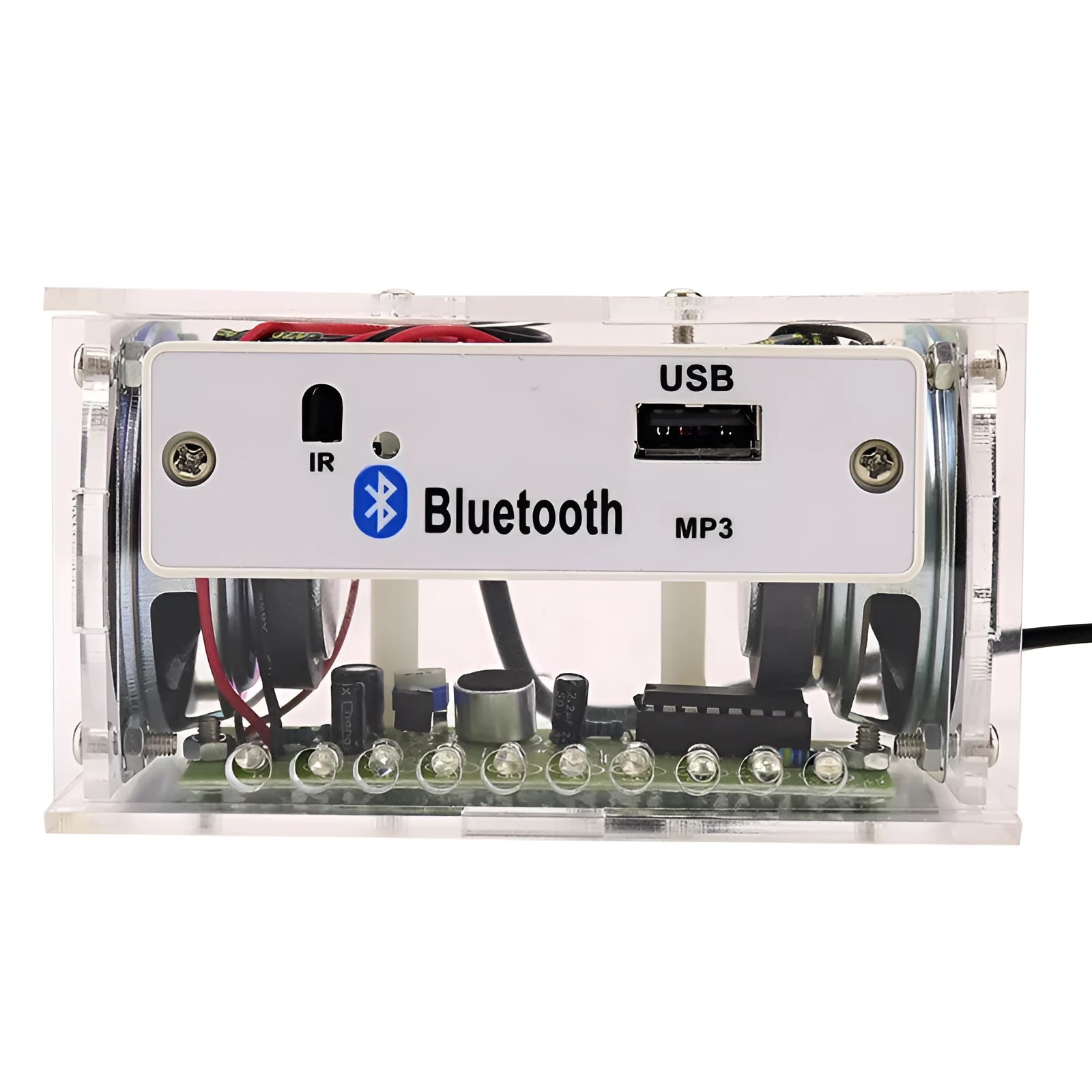 DIY Bluetooth speaker assembly kit with electronic components and transparent acrylic housing