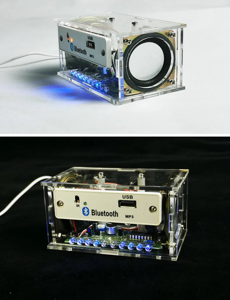 DIY Bluetooth speaker assembly kit with electronic components and transparent acrylic housing