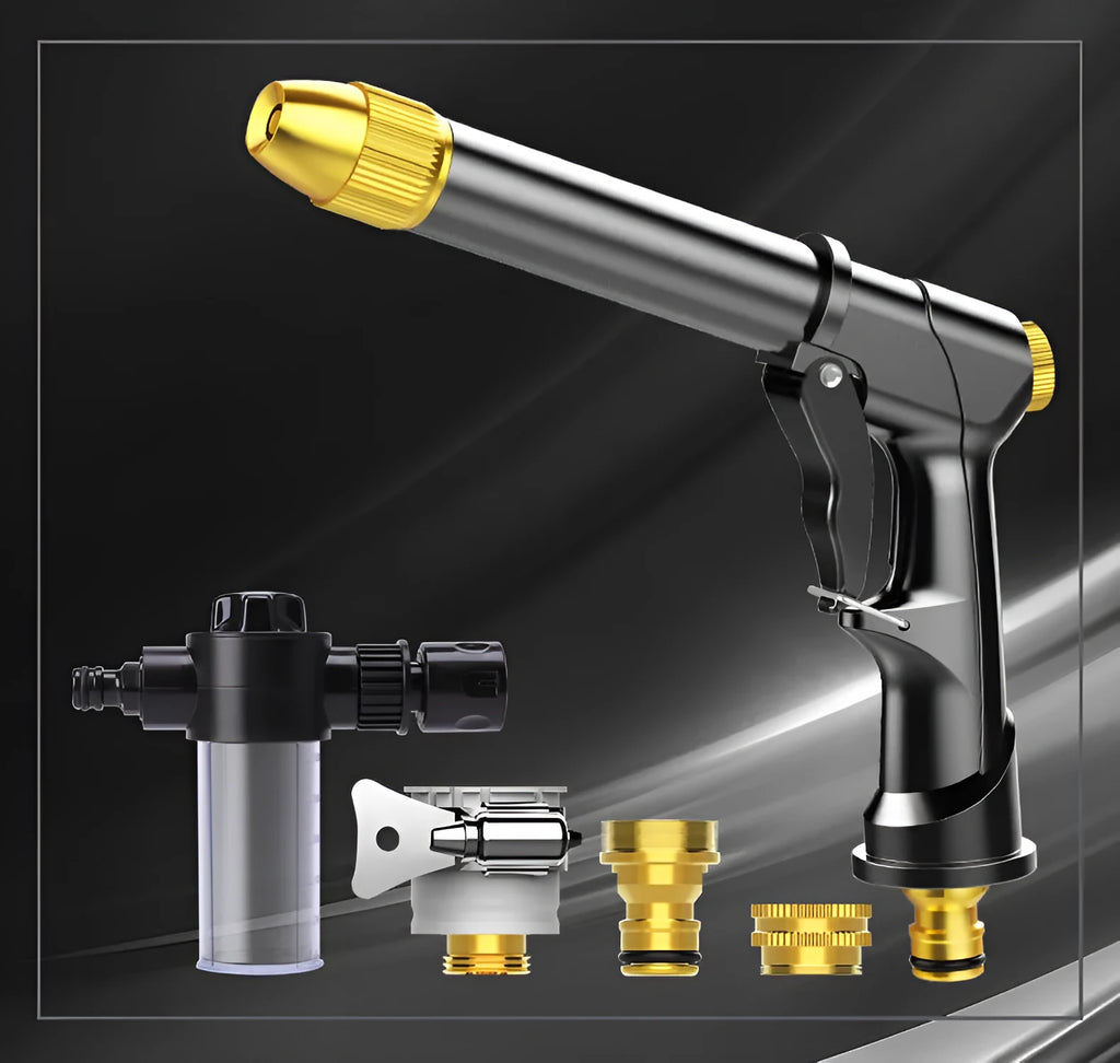 Aluminium alloy telescopic garden hose with water spray gun in extended position.