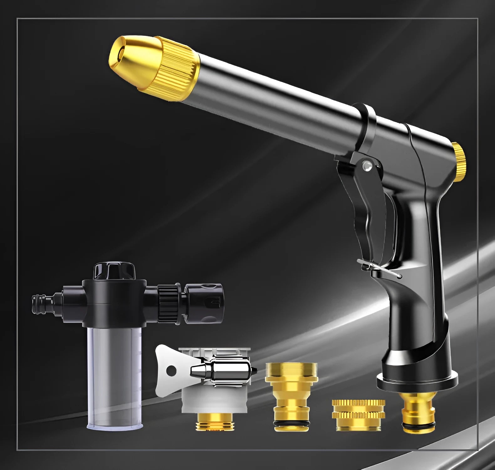 Aluminium alloy telescopic garden hose with water spray gun in extended position.