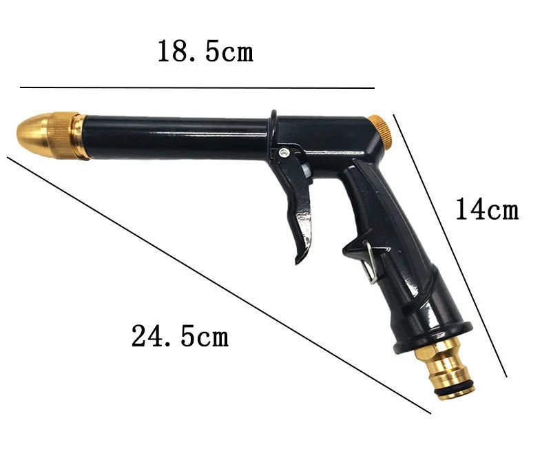 Aluminium alloy telescopic garden hose with water spray gun in extended position.