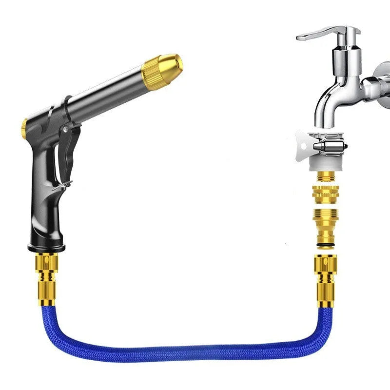 Aluminium alloy telescopic garden hose with water spray gun in extended position.