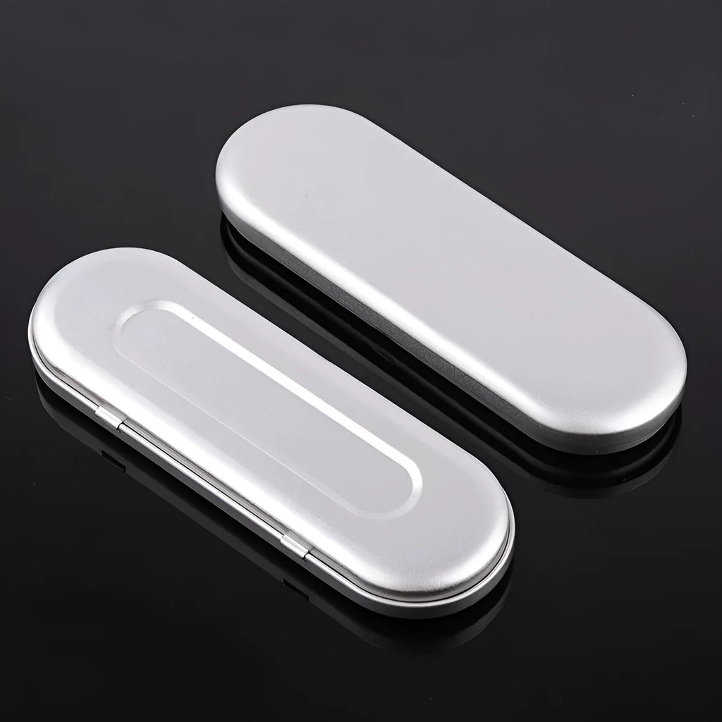 Rectangular frosted tinplate metal box for pen and cosmetic storage.