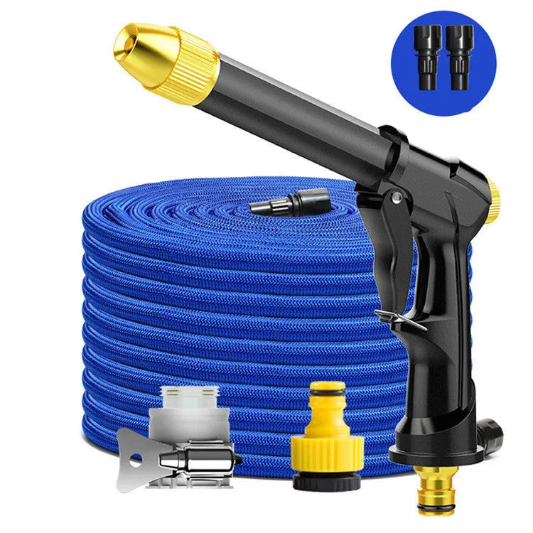 Aluminium alloy telescopic garden hose with water spray gun in extended position.