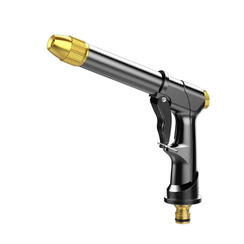Aluminium alloy telescopic garden hose with water spray gun in extended position.