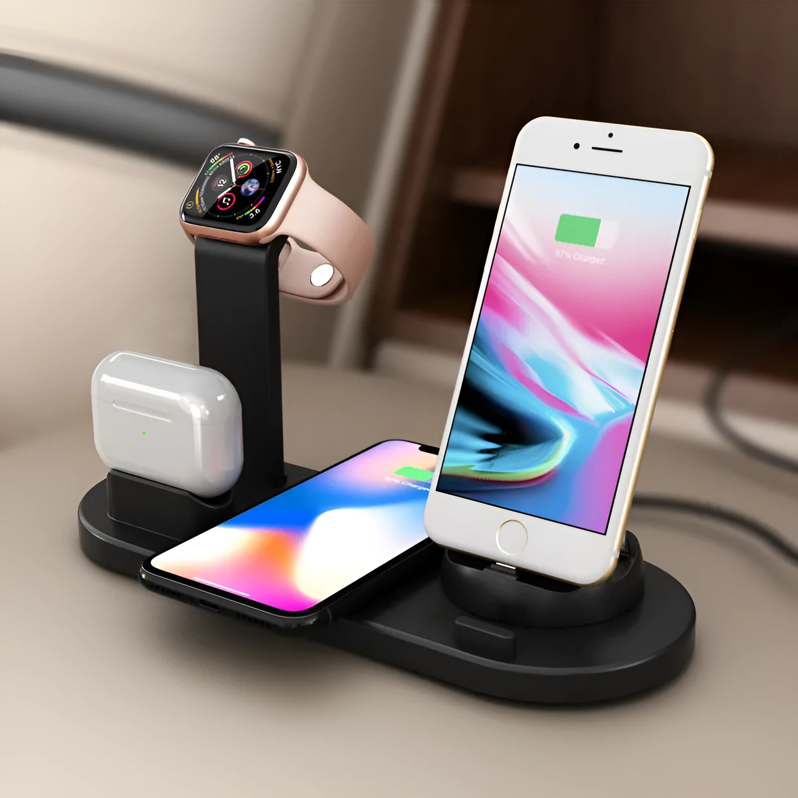 Three-in-one wireless charging station for Apple Watch, AirPods and iPhone in black colour