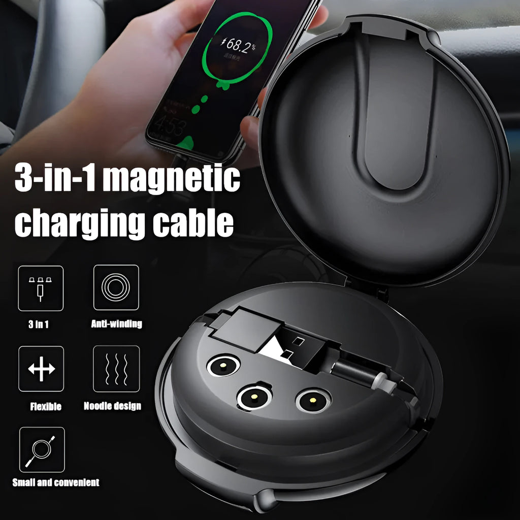 Black 3-in-1 magnetic retractable car phone charger with USB cable and mounting patch