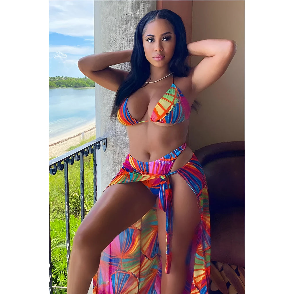 Sexy Sandy three-piece bikini set for women in photo colour with veil, adult swimwear
