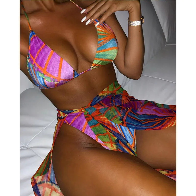 Sexy Sandy three-piece bikini set for women in photo colour with veil, adult swimwear