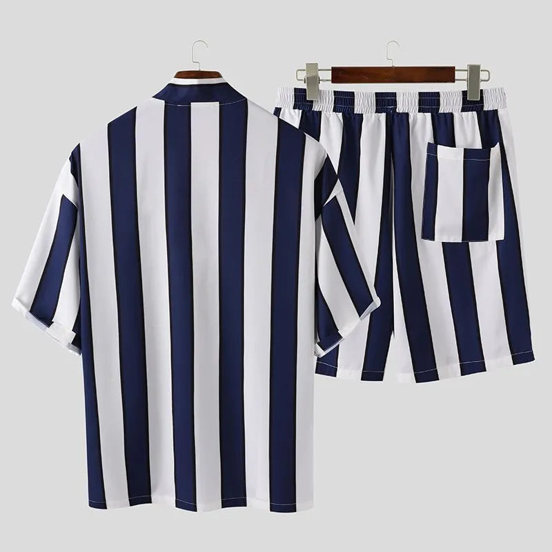 Men's summer striped beach pajamas suit in navy, 100% polyester two-piece set for casual wear