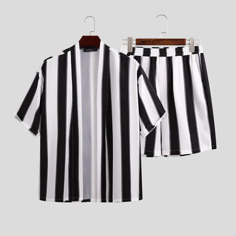 Men's summer striped beach pajamas suit in navy, 100% polyester two-piece set for casual wear