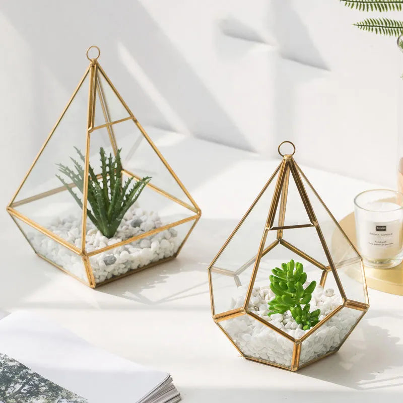 Square metal-framed glass succulent planter in two size options for home decoration.