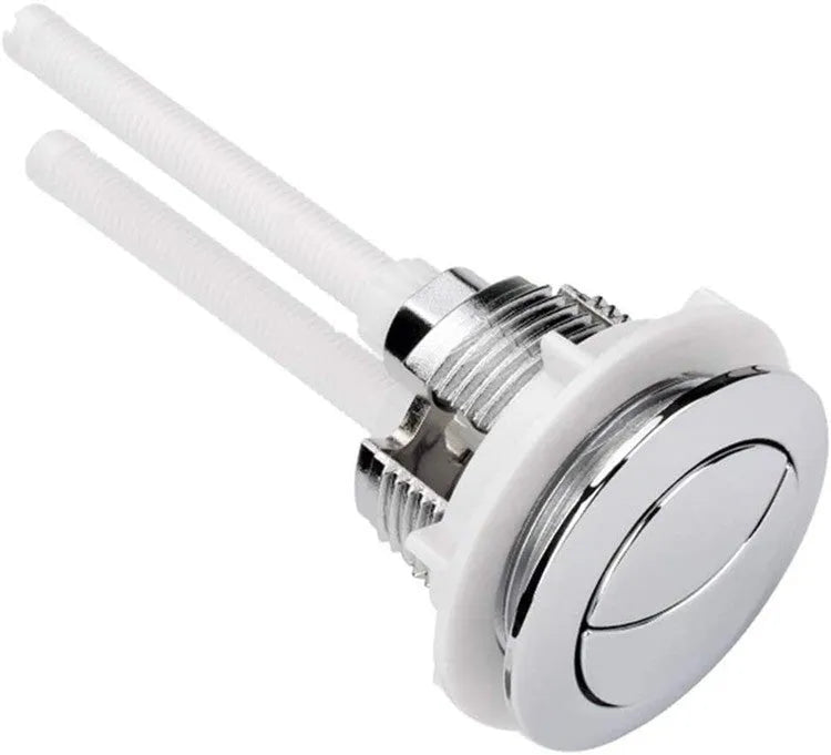 White 38mm round ABS plastic dual flush button for toilet tank replacement.