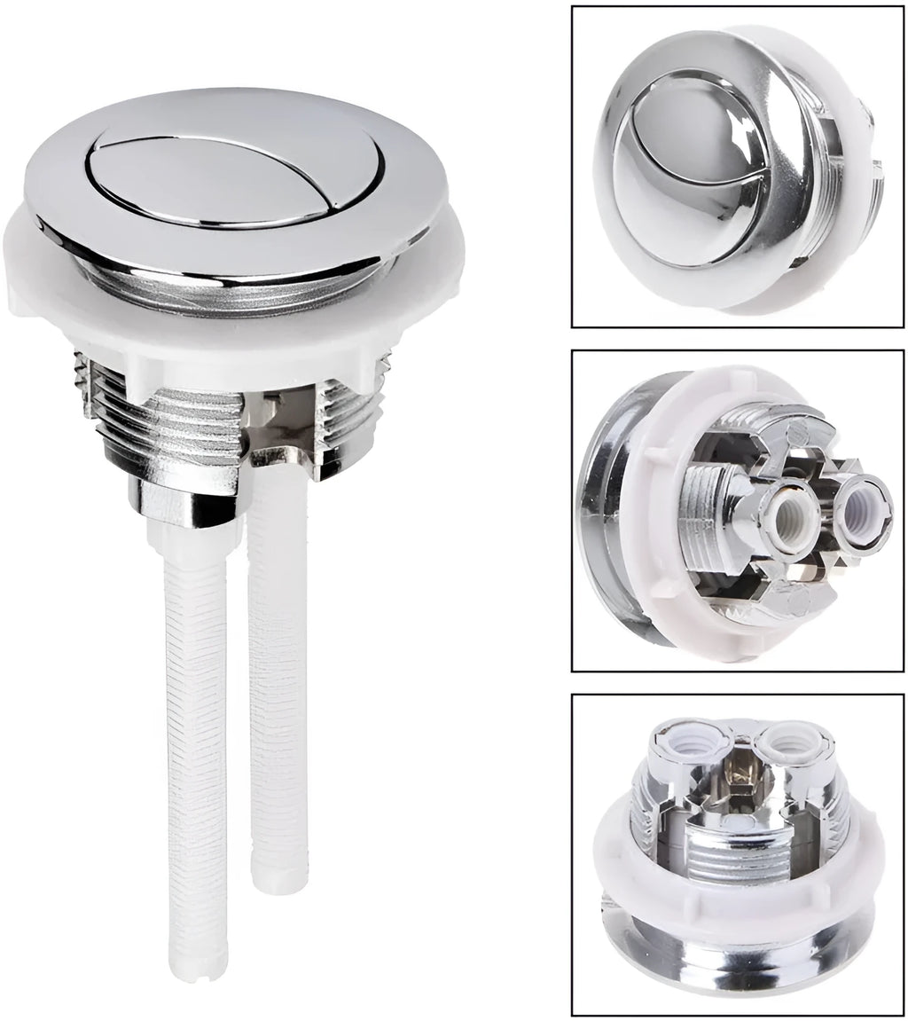 White 38mm round ABS plastic dual flush button for toilet tank replacement.