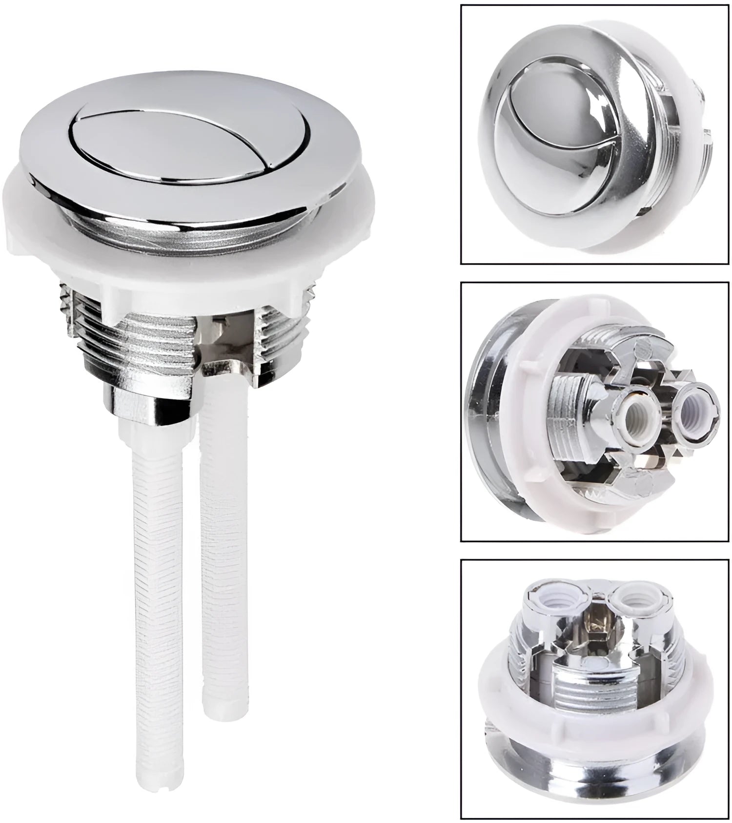 White 38mm round ABS plastic dual flush button for toilet tank replacement.