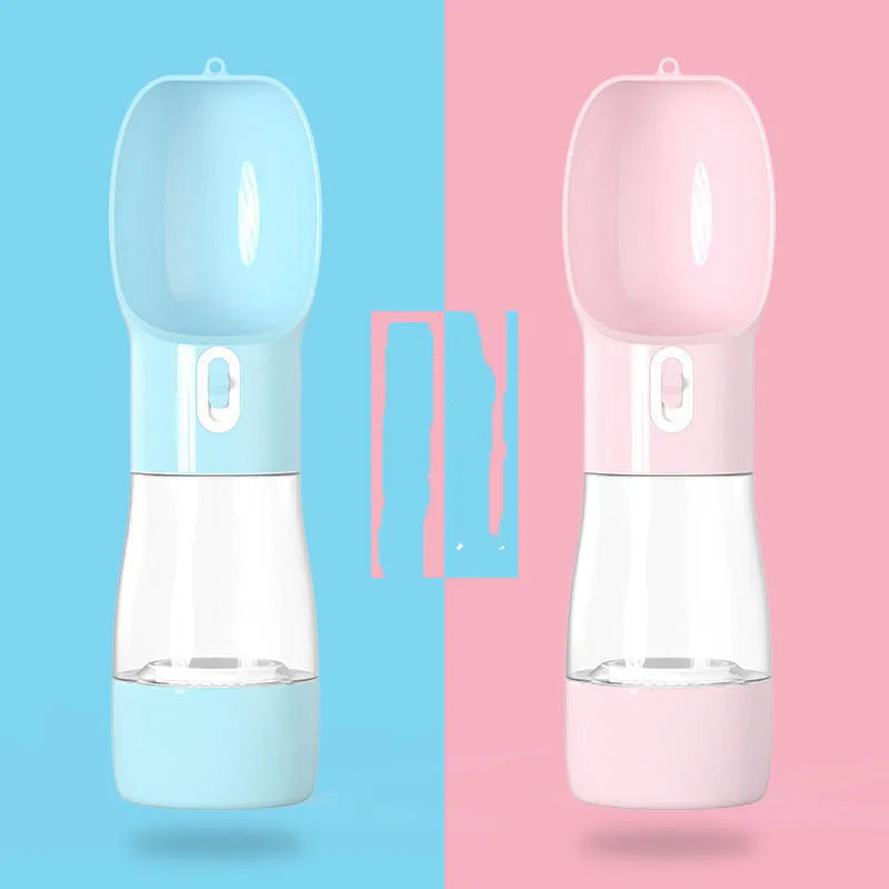 Portable blue PET plastic dog water bottle with attached drinking cup and metal carabiner clip.