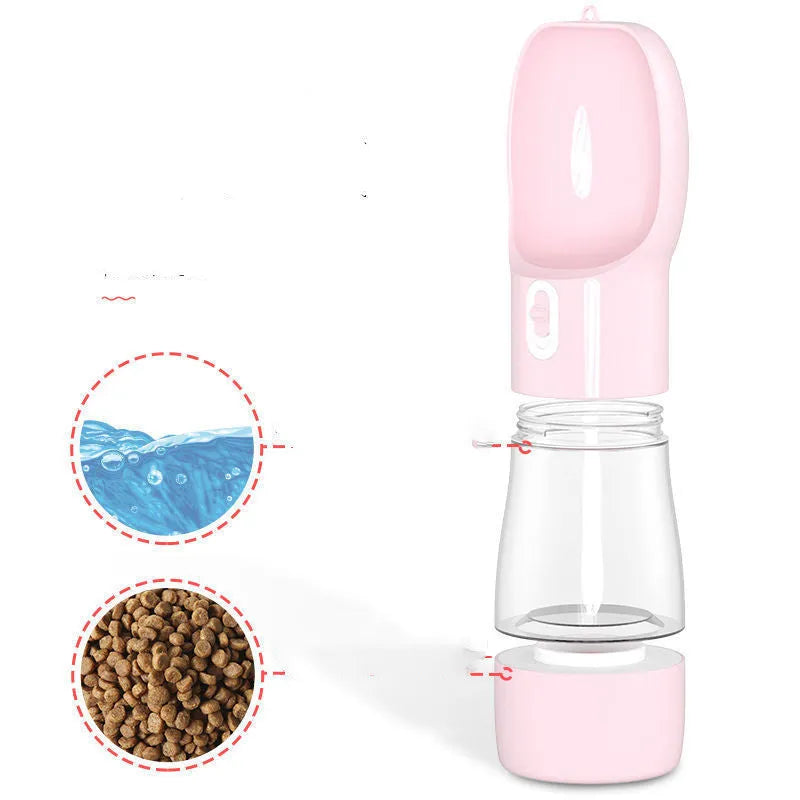 Portable blue PET plastic dog water bottle with attached drinking cup and metal carabiner clip.