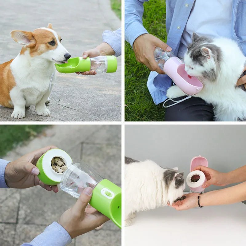 Portable blue PET plastic dog water bottle with attached drinking cup and metal carabiner clip.