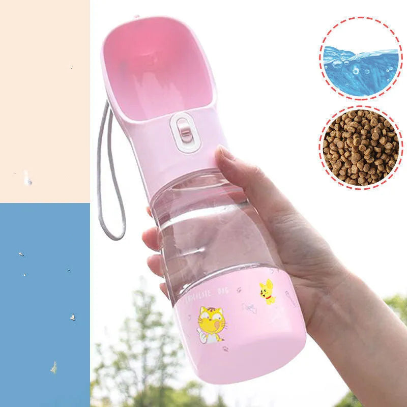 Portable blue PET plastic dog water bottle with attached drinking cup and metal carabiner clip.