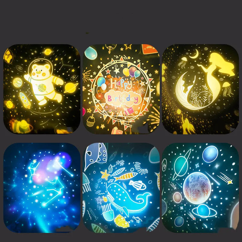 Rotatable star projector night light with astronaut bear slide projection and USB charging cable