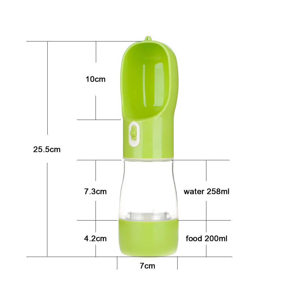 Portable blue PET plastic dog water bottle with attached drinking cup and metal carabiner clip.