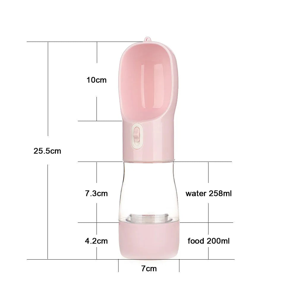 Portable blue PET plastic dog water bottle with attached drinking cup and metal carabiner clip.