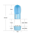 Portable blue PET plastic dog water bottle with attached drinking cup and metal carabiner clip.