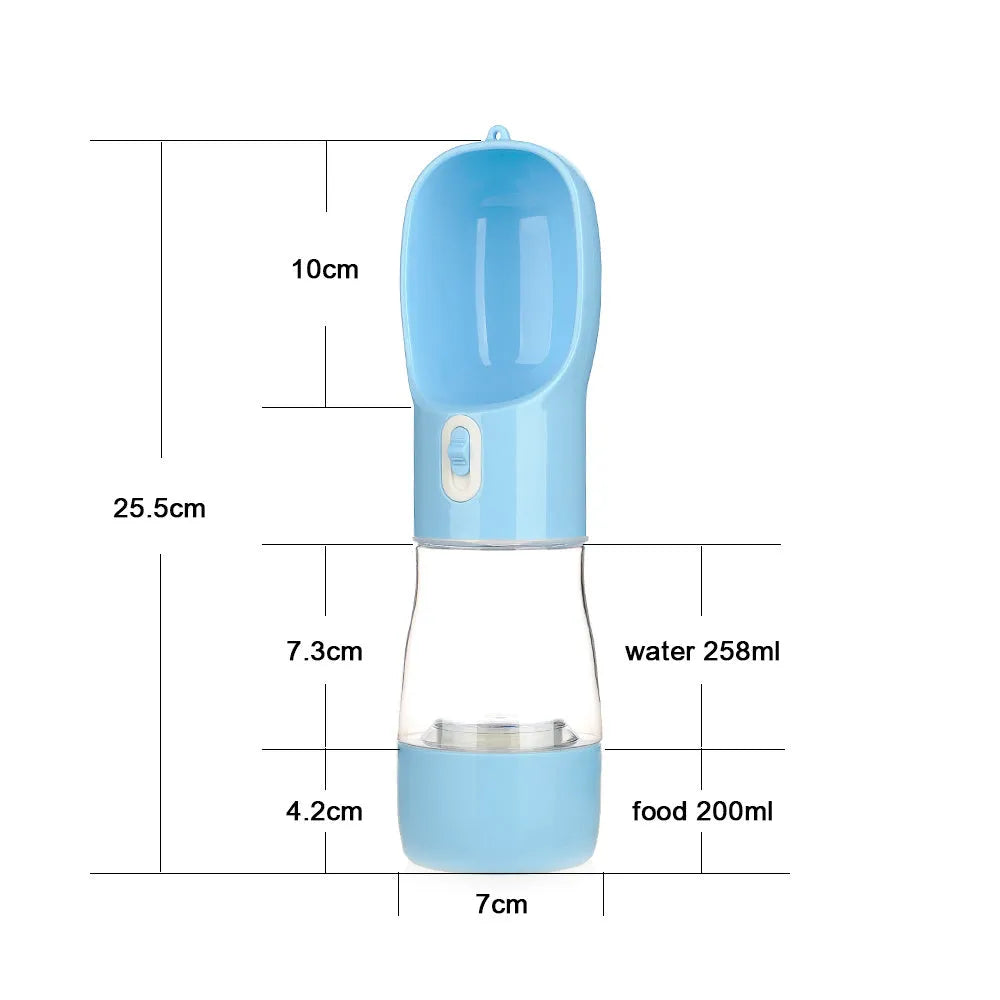 Portable blue PET plastic dog water bottle with attached drinking cup and metal carabiner clip.