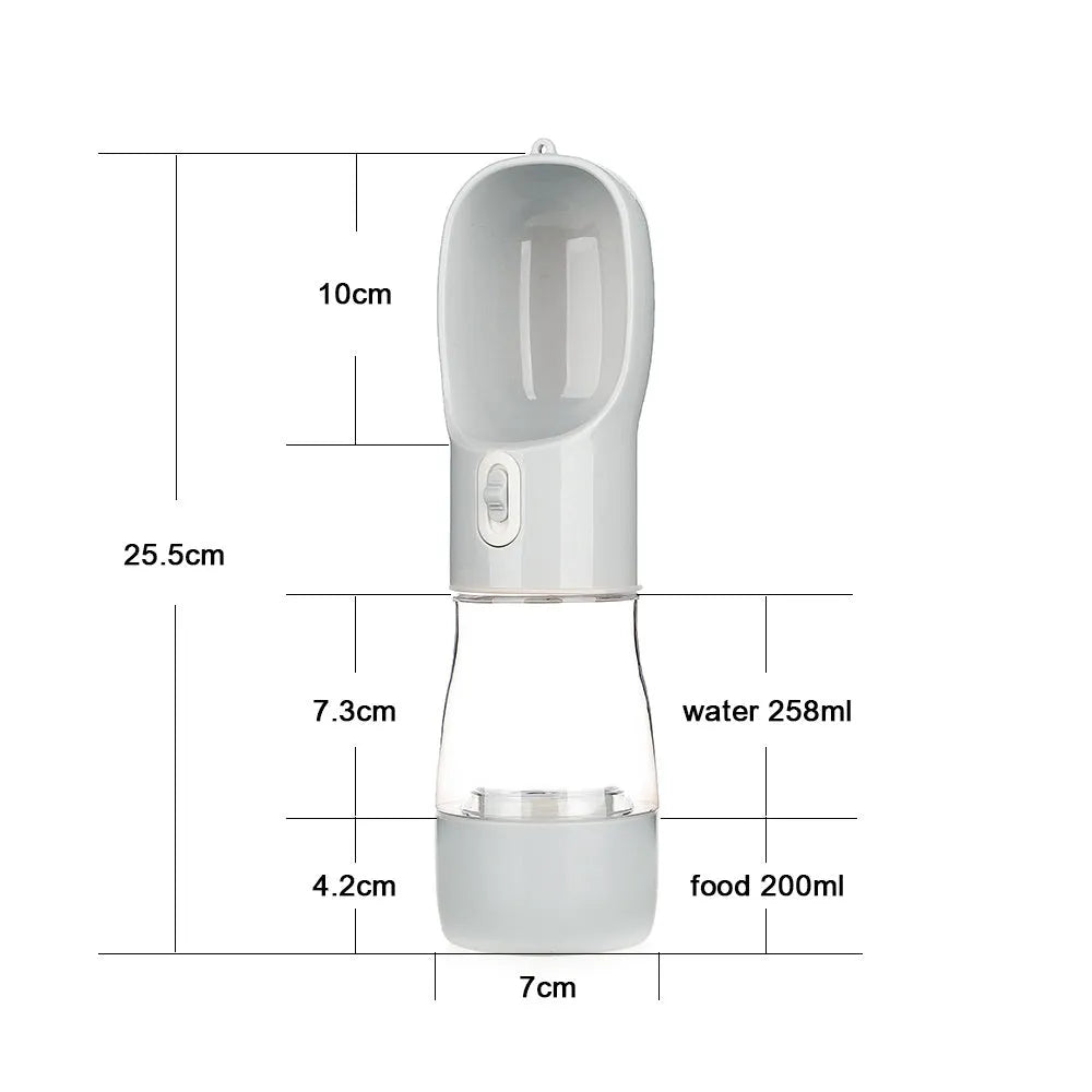 Portable blue PET plastic dog water bottle with attached drinking cup and metal carabiner clip.
