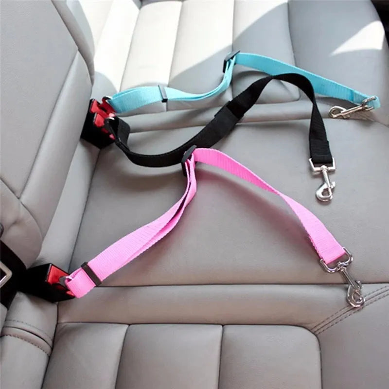Adjustable pet car seat belt with nylon fabric, zinc alloy snap, and metal buckles for dogs and cats