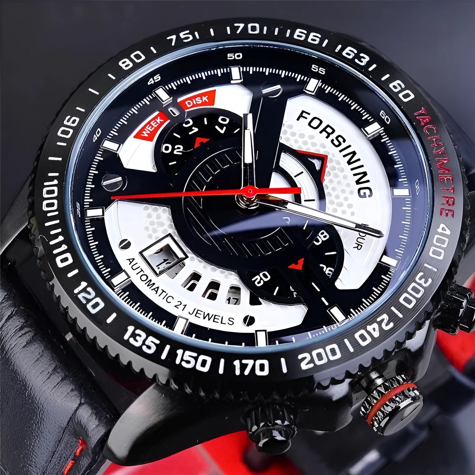 Automatic mechanical watch with black dial, genuine leather strap, and calendar window on a 45mm alloy case