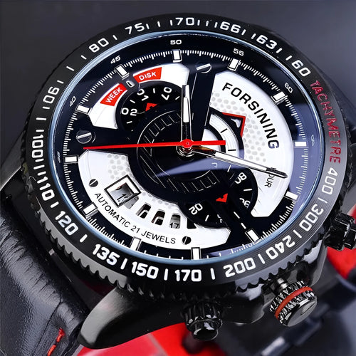 Automatic mechanical watch with black dial, genuine leather strap, and calendar window on a 45mm alloy case