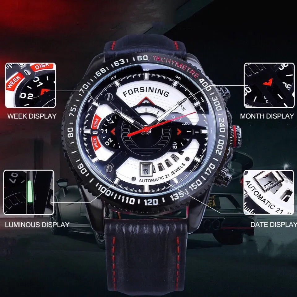 Automatic mechanical watch with black dial, genuine leather strap, and calendar window on a 45mm alloy case