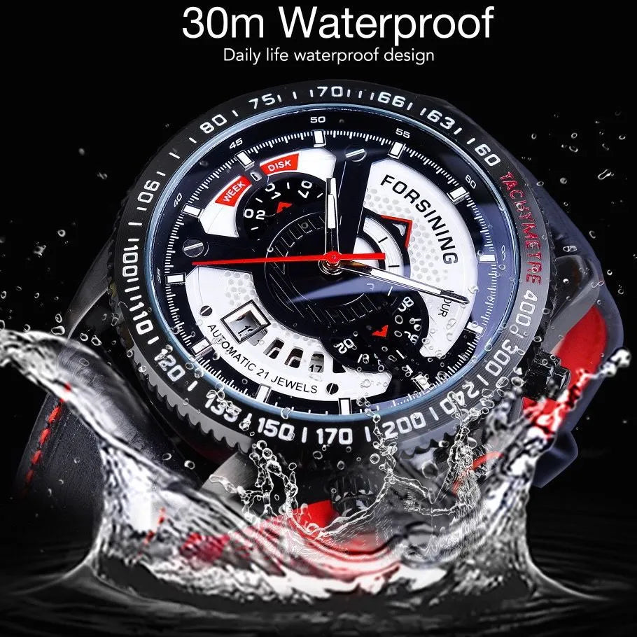 Automatic mechanical watch with black dial, genuine leather strap, and calendar window on a 45mm alloy case