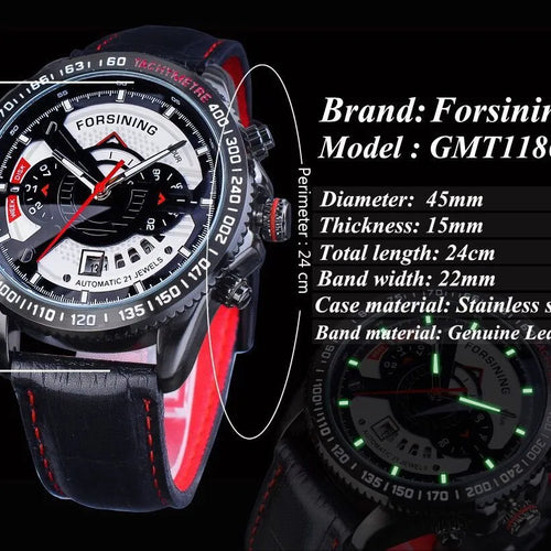 Automatic mechanical watch with black dial, genuine leather strap, and calendar window on a 45mm alloy case
