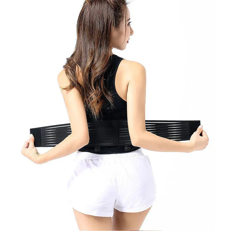 Black self-heating magnetic waist support belt shown fastened, with sizing chart for S, M, L, XL.