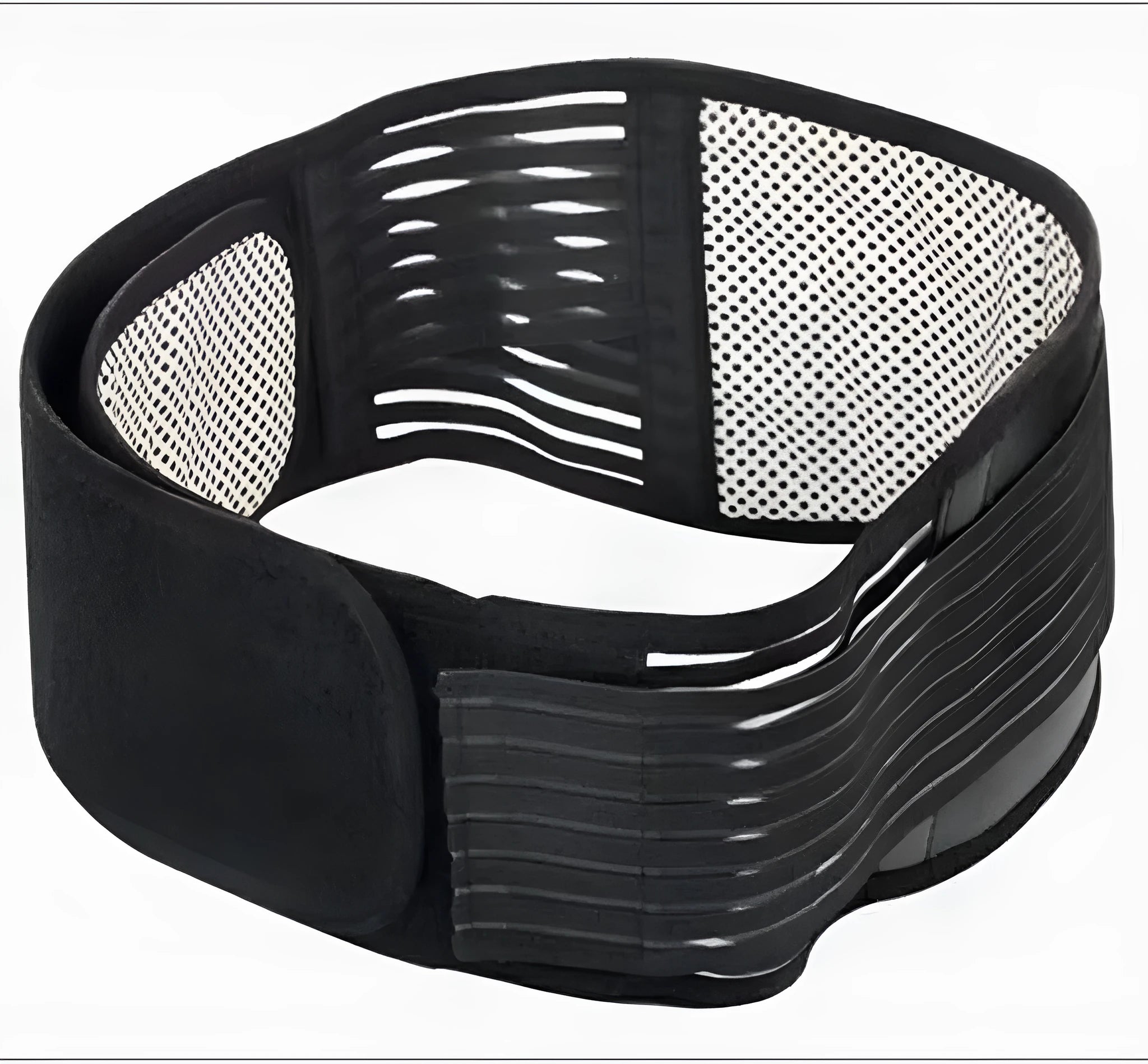 Black self-heating magnetic waist support belt shown fastened, with sizing chart for S, M, L, XL.