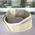Black self-heating magnetic waist support belt shown fastened, with sizing chart for S, M, L, XL.