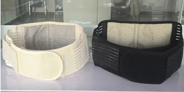 Black self-heating magnetic waist support belt shown fastened, with sizing chart for S, M, L, XL.