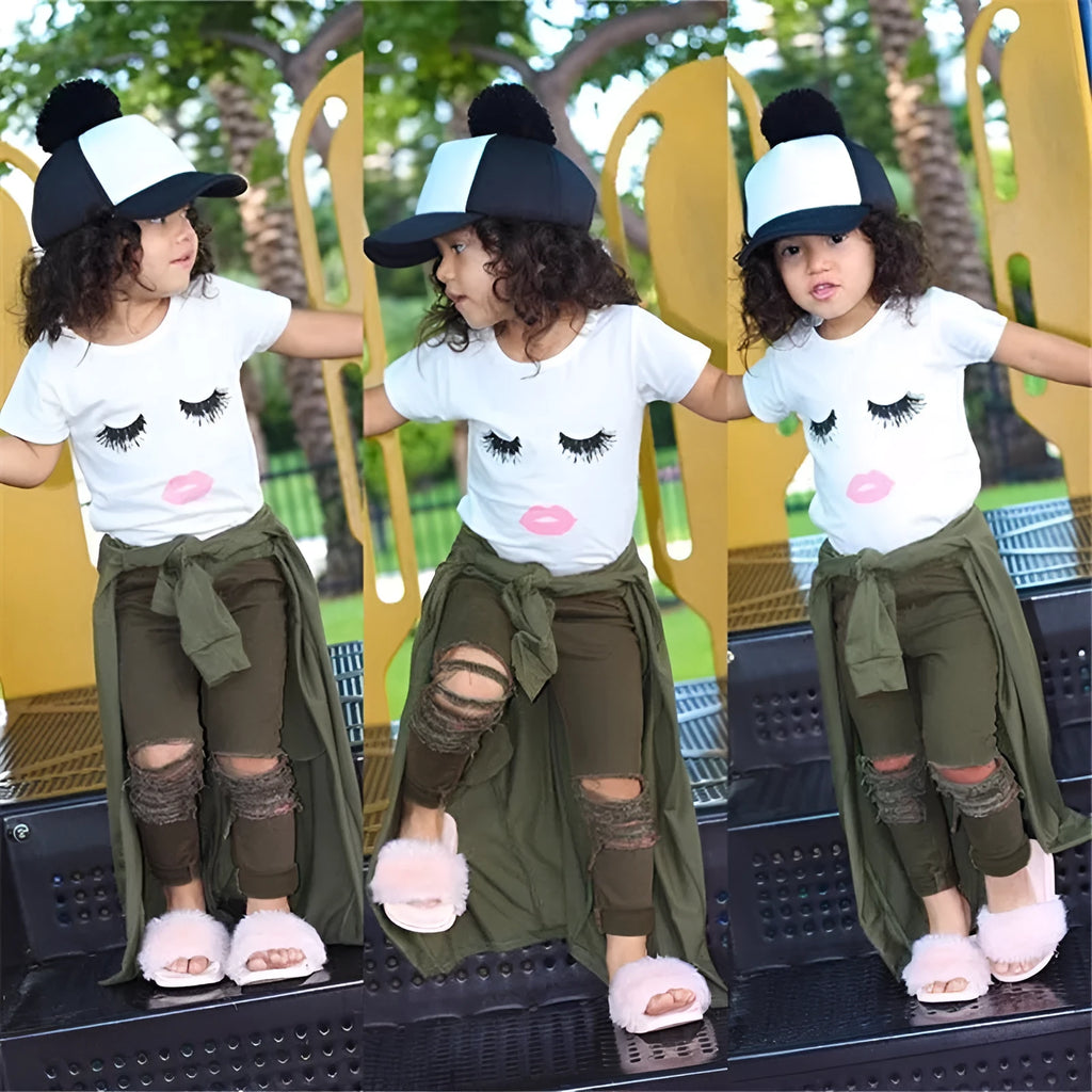 Pudcoco white two-piece girl set with eyelash short-sleeve top and ripped trousers on child model