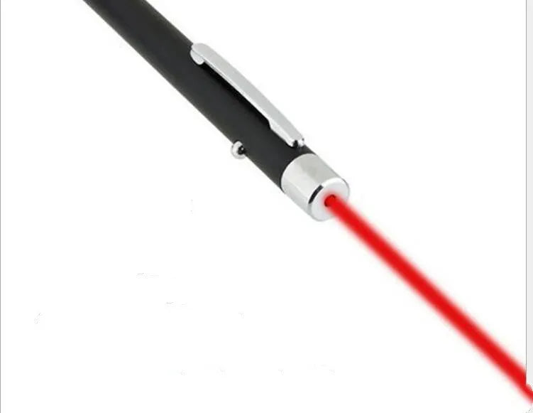Black red laser pointer pen measuring 13.5cm long with stylus tip for presentations